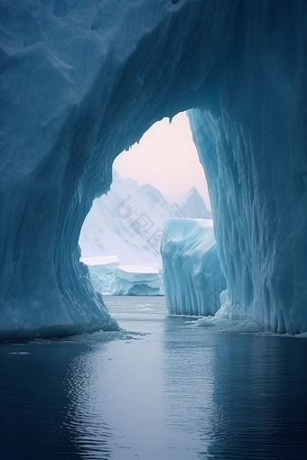 蓝色自然冰川洞穴碎冰风景