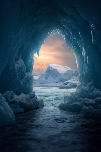 蓝色自然冰川洞穴海水冰山