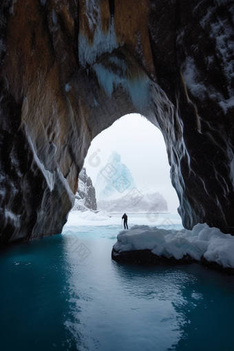 蓝色自然冰川洞穴冰山风景