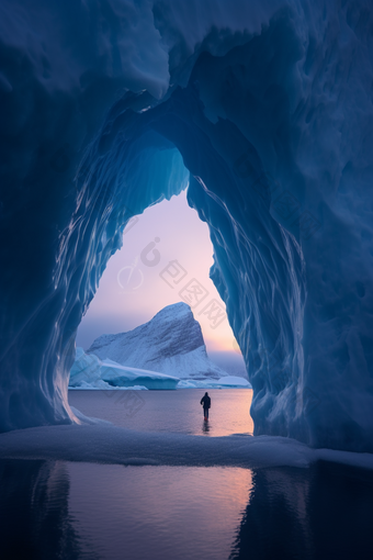 蓝色自然冰川洞穴风景美景