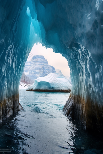 蓝色自然冰川洞穴风景冰河