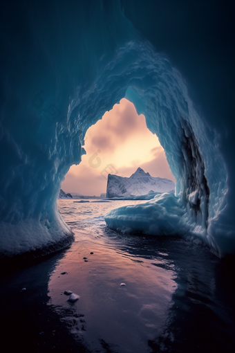 蓝色自然冰川洞穴海水风景