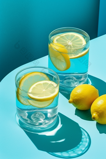 夏日撞色背景清凉柠檬水夏季新鲜健康