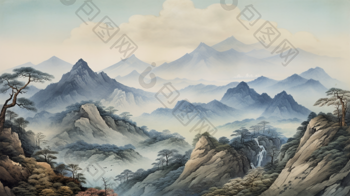古画山水画美术景观云插画图片-包图网