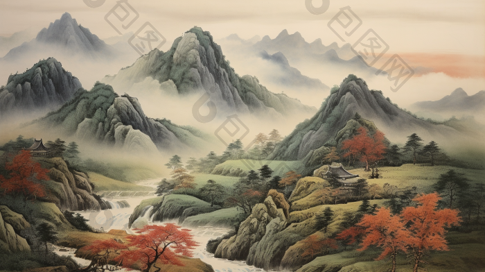 古画山水画美术景观云插画图片-包图网