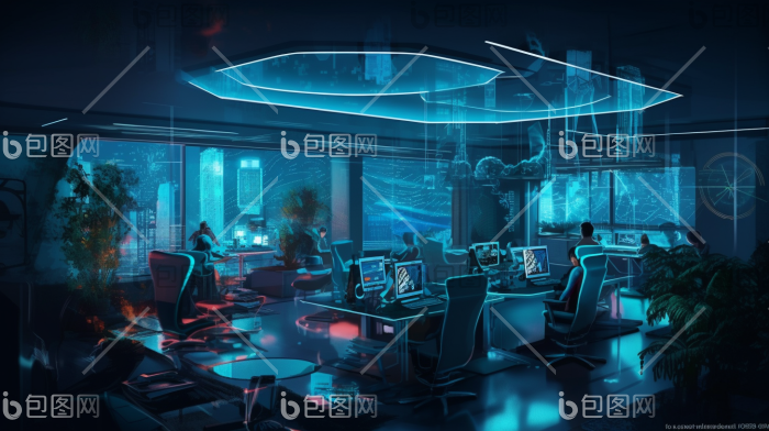 科幻数据中心未来感办公室详细的插画图片-包图网