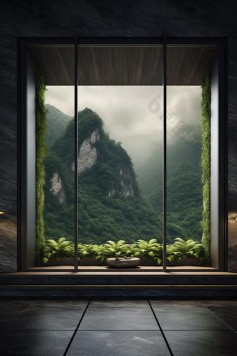 阳台窗外的自然风景东方极简主义