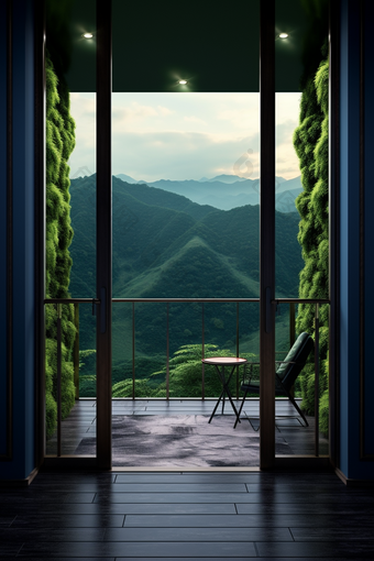 阳台窗外的自然风景山区极简主义