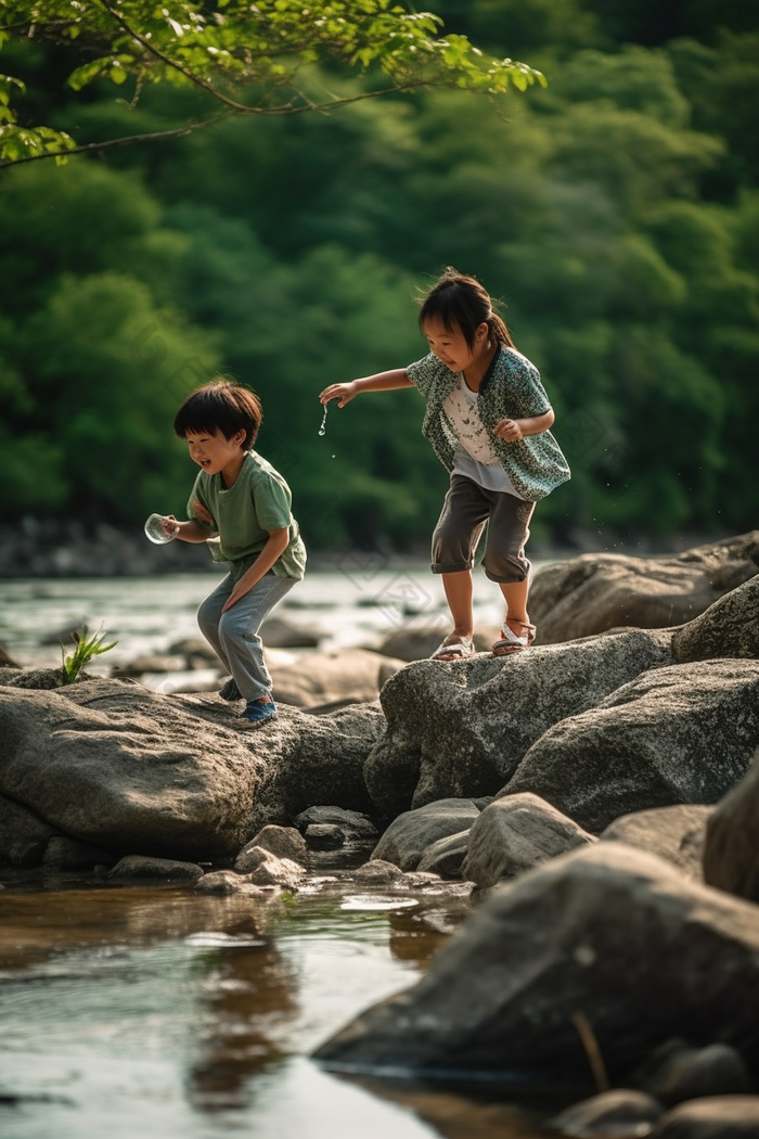 夏天儿童溪水打闹岩石中国