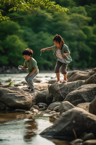 夏天儿童<strong>溪水</strong>打闹岩石中国