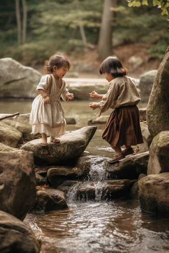 夏天儿童溪水打闹孩子中国