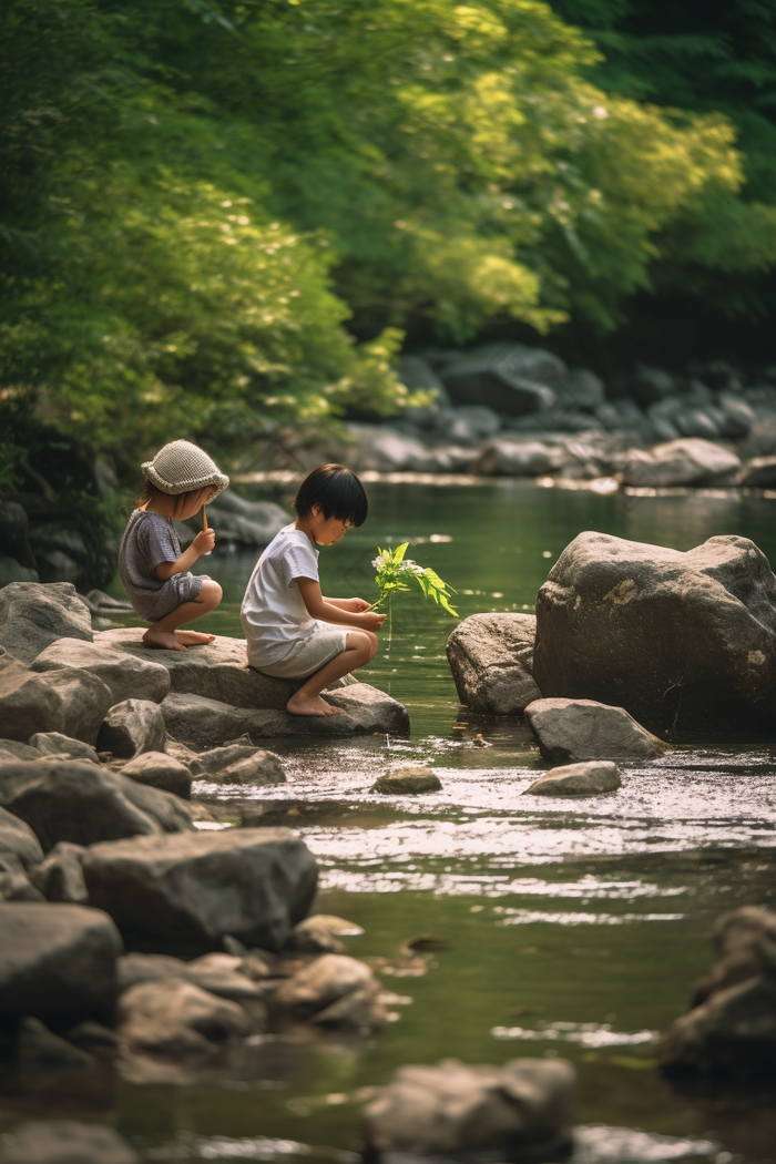 夏天儿童溪水打闹孩子岩石