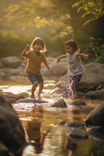 夏天儿童溪水打闹孩子乐观