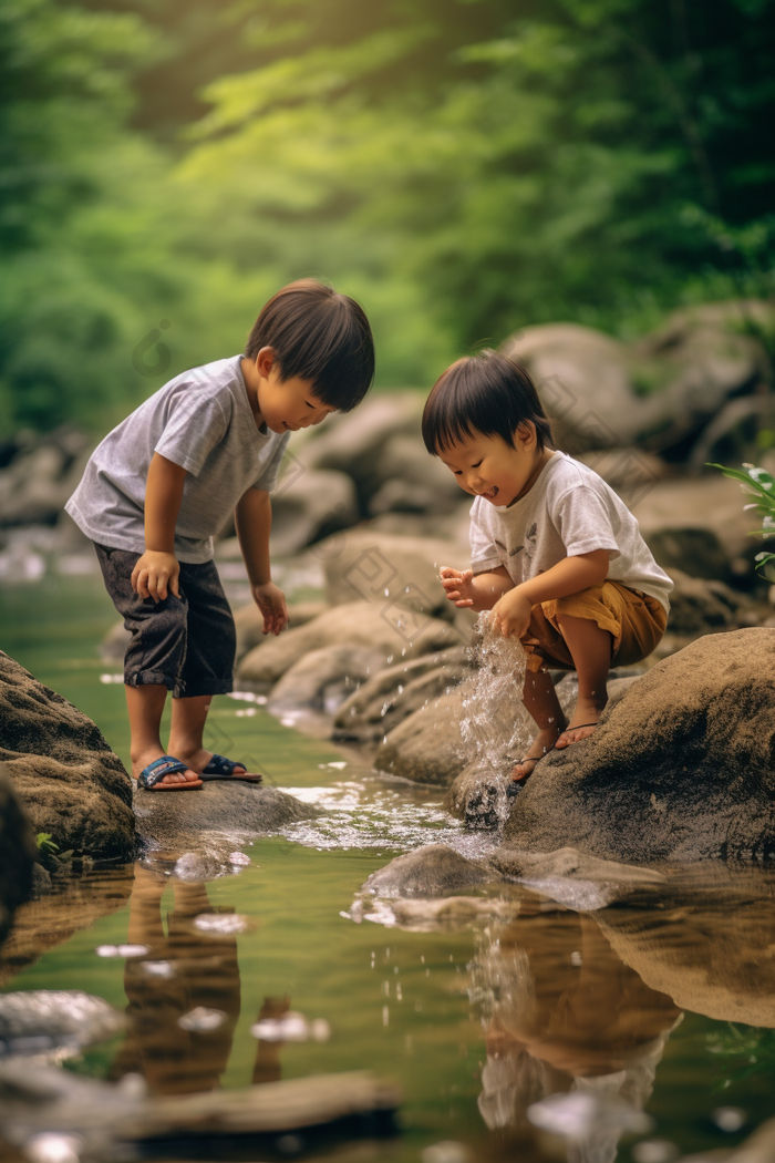 夏天儿童溪水打闹夏季小溪