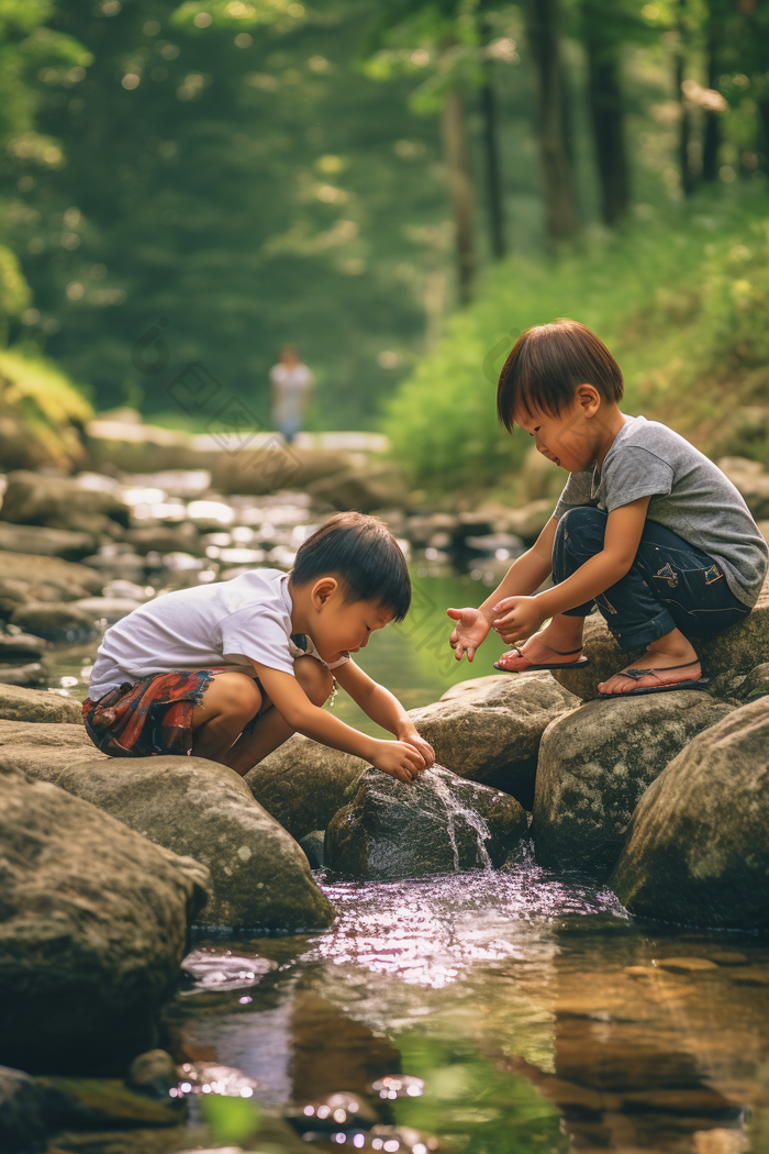 夏天儿童溪水打闹夏季室外