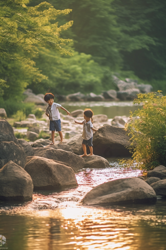 夏天儿童溪水<strong>打闹</strong>户外开心