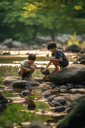 夏天儿童溪水<strong>打闹</strong>户外孩子