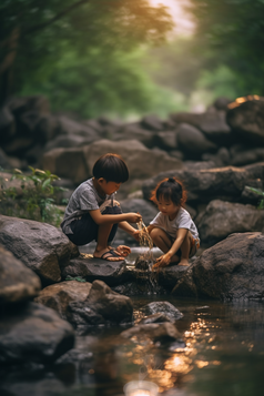 夏天儿童溪水打闹摄影图26