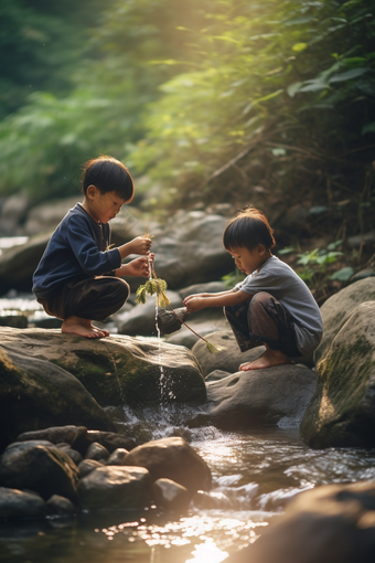 夏天儿童溪水打闹夏季岩石