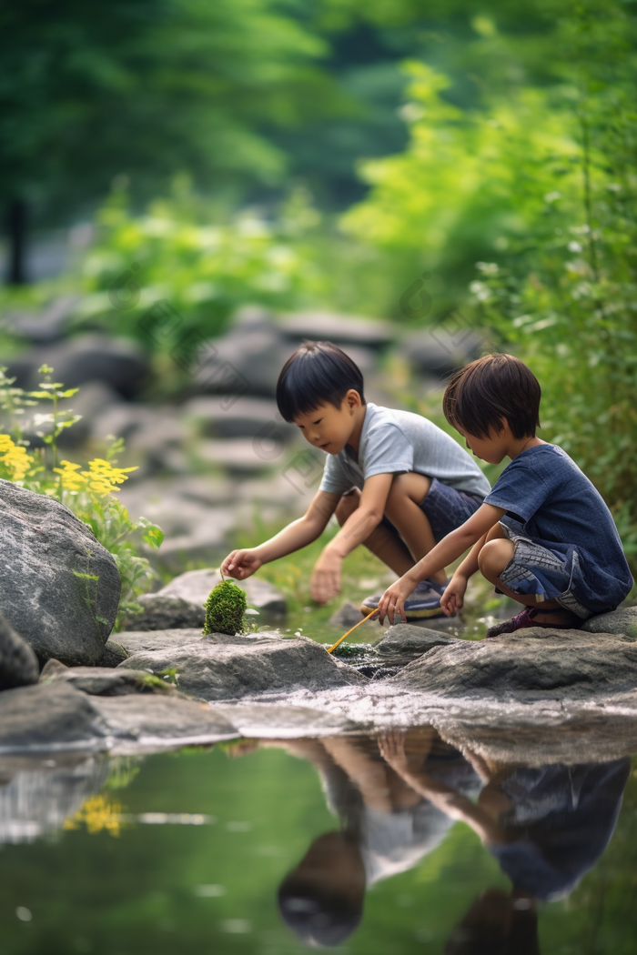 夏天儿童溪水打闹孩子玩耍