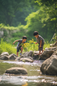 夏天儿童溪水打闹摄影图10