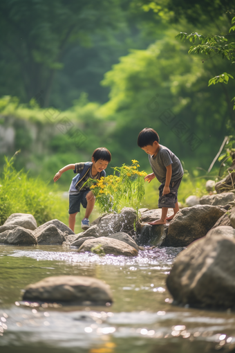 夏天儿童溪水打闹户外玩耍