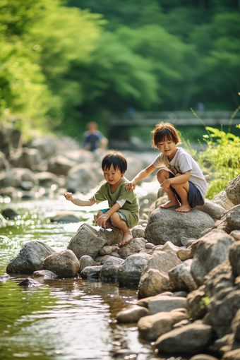 夏天儿童溪水打闹小溪中国