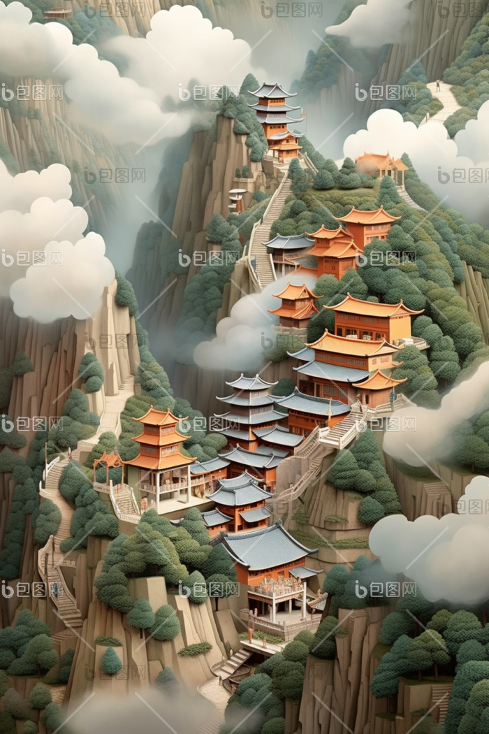 中国山水建筑插画国风高清图片下载-包图网