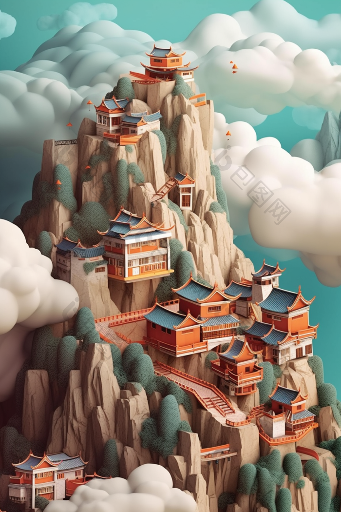 中国山水建筑插画国风高清图片下载-包图网