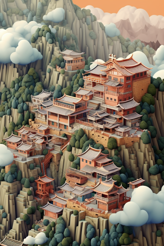 中国山水建筑插画国风云彩峡谷高清图片下载-包图网
