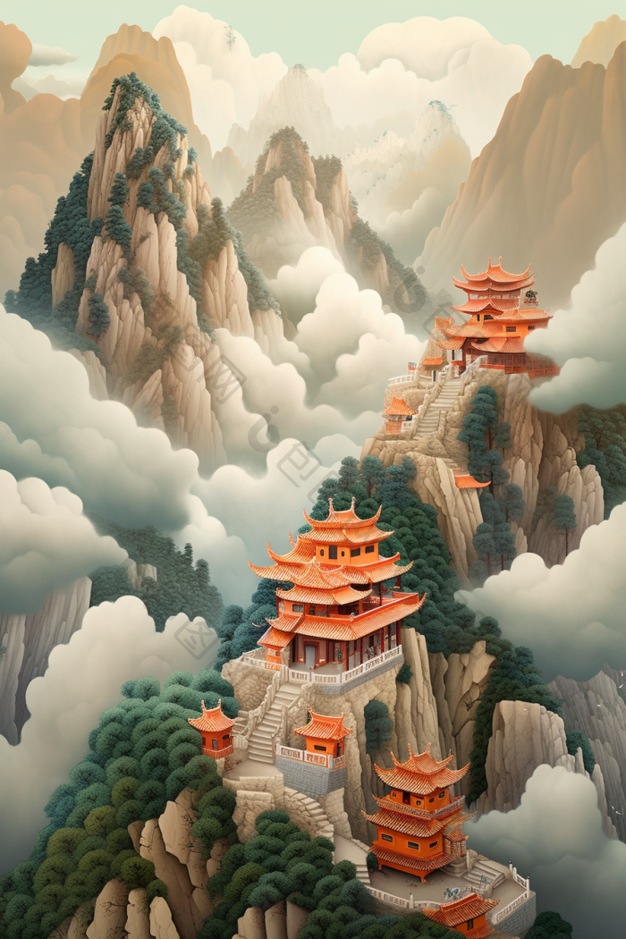 中国山水建筑插画国风高清图片下载-包图网