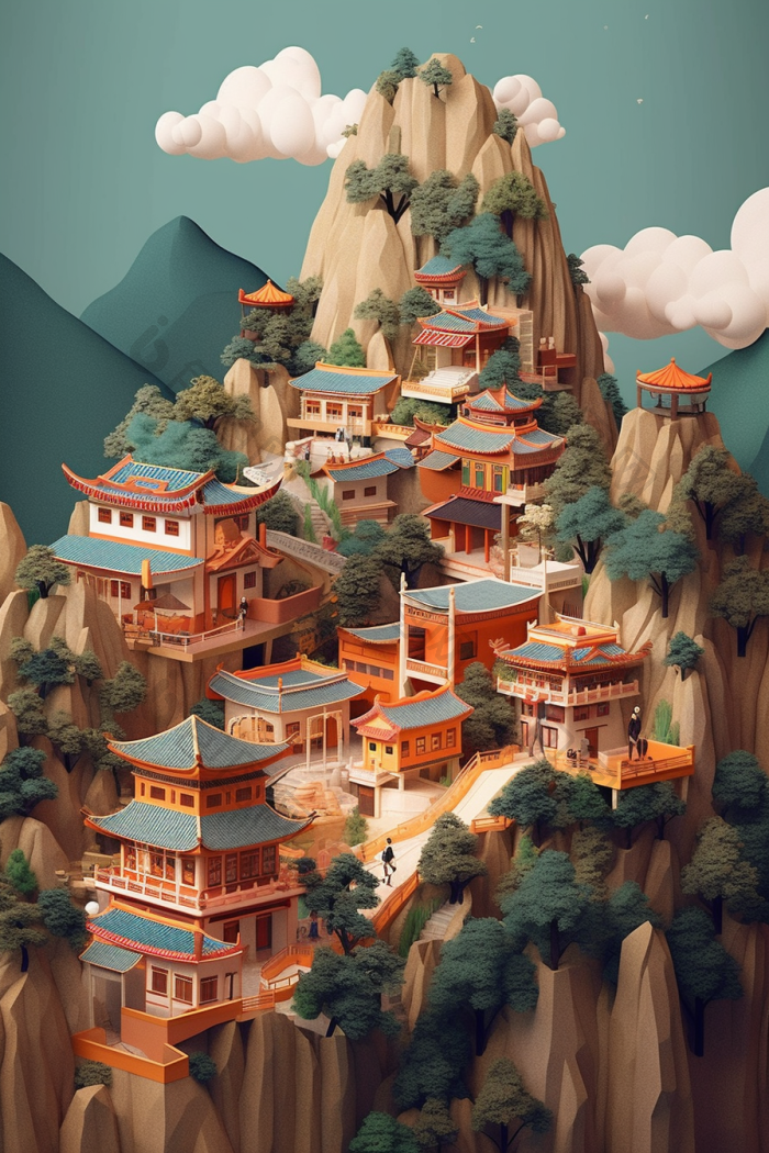 中国山水建筑插画国风高清图片下载-包图网