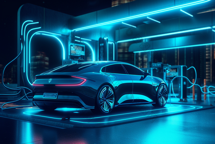 未来科技感新能源车充电站车辆明亮