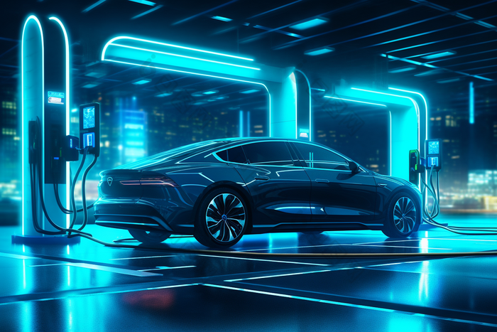 未来科技感新能源车充电站蓝色充电桩