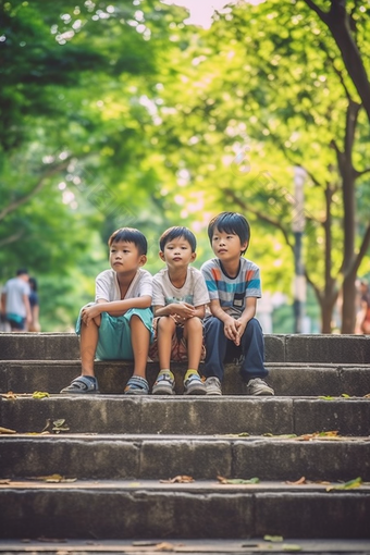 儿童小孩们<strong>户外</strong>游玩亚洲孩子树下