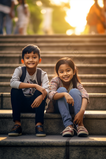 儿童小孩们户外游玩<strong>台阶</strong>一群孩子