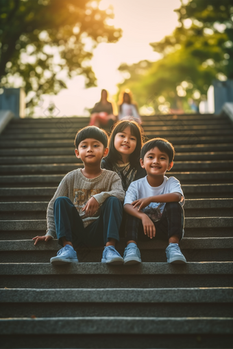 小孩们户外游玩亚洲孩子台阶