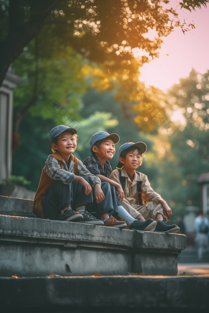 儿童小孩们户外游玩台阶节