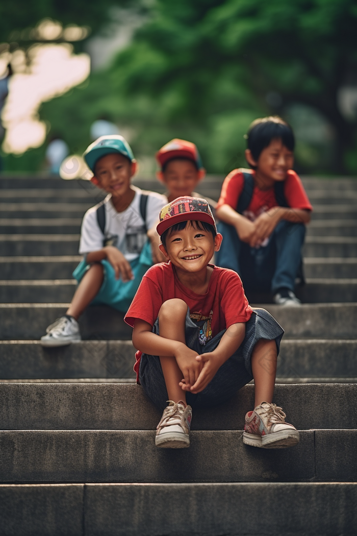 儿童小孩们户外游玩台阶人群