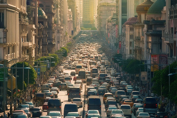 车水马龙的街道路灯小轿