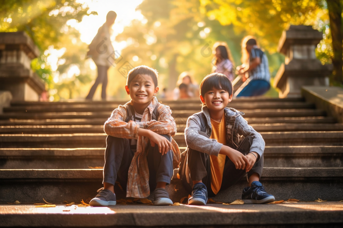 儿童小孩们户外游玩树下一群孩子