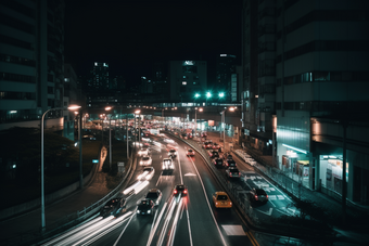 夜晚车水马龙的街道交通大楼