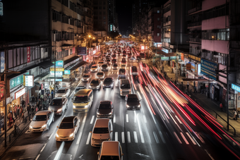 夜晚车水马龙的街道路灯交通信号灯