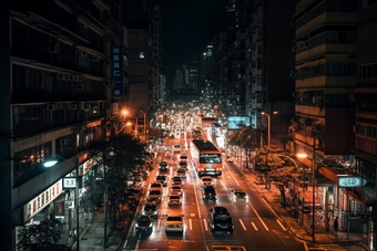 夜晚车水马龙的街道路面汽