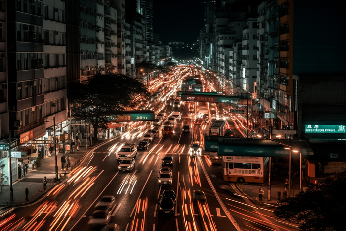 夜晚车水马龙的街道路灯流