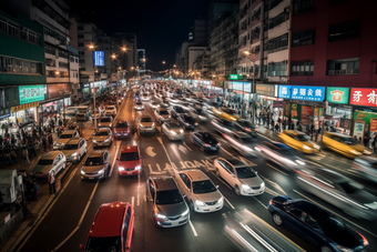 夜晚车水马龙的街道路灯水马龙