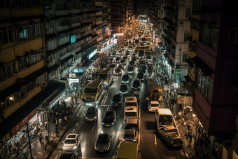 夜晚车水马龙的街道路灯高楼