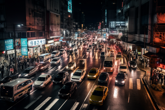 夜晚车水马龙的街道路灯小轿