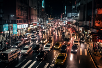 夜晚车水马龙的街道路灯小轿