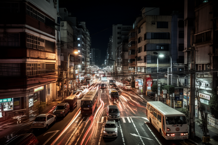 夜晚车水马龙的街道路灯拥堵